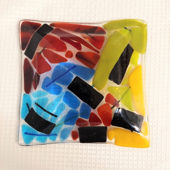 Abstract Fused Glass Dichroic Dish Art Trinket Vanity Bath Decor 6 " square - Picture 7 of 9